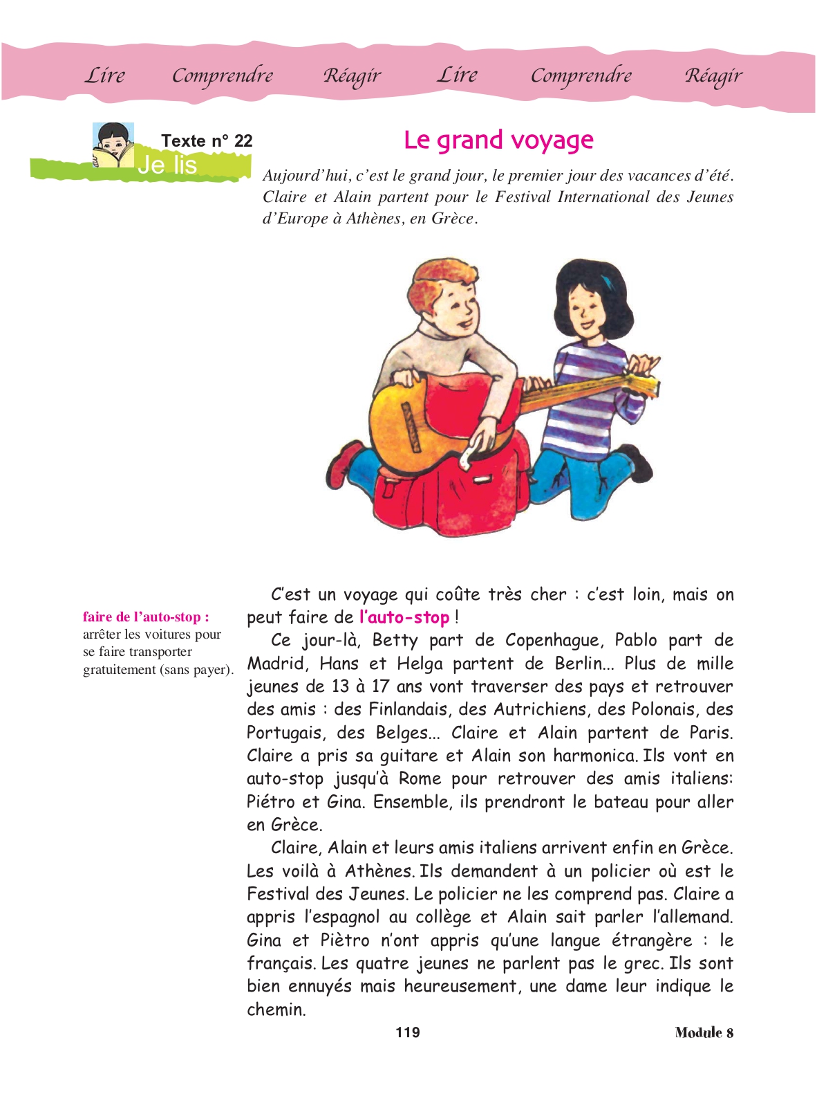 Manuel de français, page 119 : texte « Le grand voyage », deux jeunes avec une guitare et un sac à dos